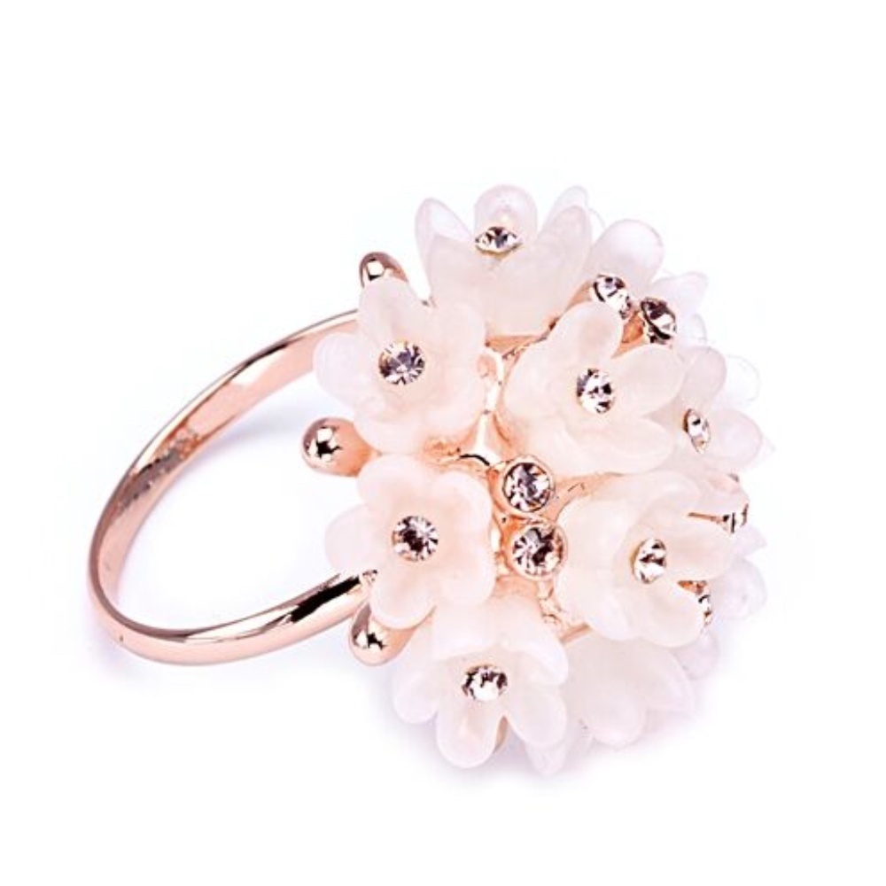Floral Statement Ring – Rose Gold Finish with White Blossoms and Crystals (Size